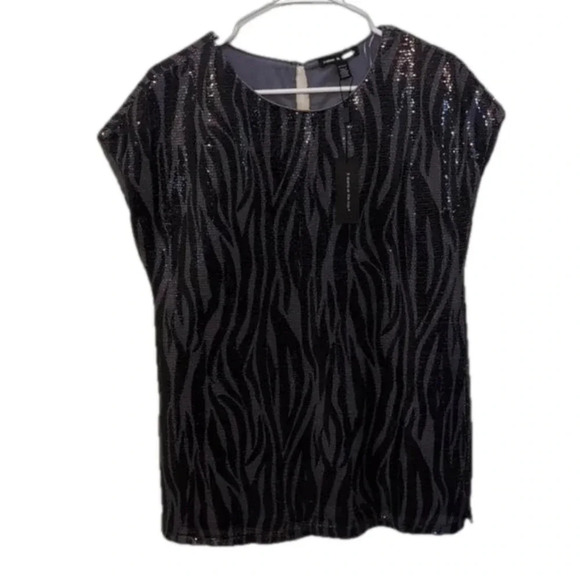 Cable &  Gauge Sequin Blouse Womens Black Zebra Short Sleeve - Picture 1 of 7